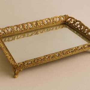 Vintage Mirror Glass Vanity Tray With Ornate Gold Metal Frame For Perfume Display And Dressing Table