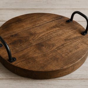 Rustic Round Wooden Serving Tray With Metal Handles For Coffee Table Decor And Farmhouse Styling