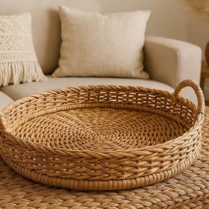 Boho Woven Rattan Decorative Tray For Natural Living Room Accents And Textured Coffee Table Decor