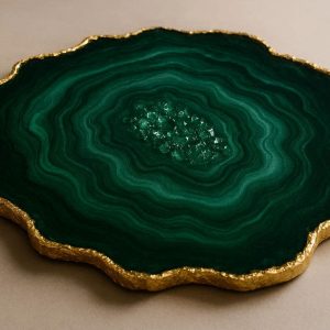 Luxe Emerald Green Resin Agate Tray With Gold Leaf Edging For High End Living Room Accessory