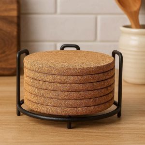 Premium Thick Cork Coasters With Metal Holder For Organized Kitchen Storage And Rustic Home Decor