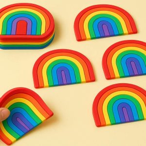 Colorful Rainbow Silicone Coaster Set For Kids And Fun Party Decor With Flexible Unbreakable Material