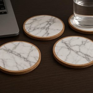 Marble Pattern Printed Cork Coasters For Elegant Office Desk Styling And Sophisticated Drinkware Base