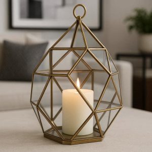 Decorative Geometric Glass Candle Lantern With Metal Frame For Modern Living Room Centerpiece